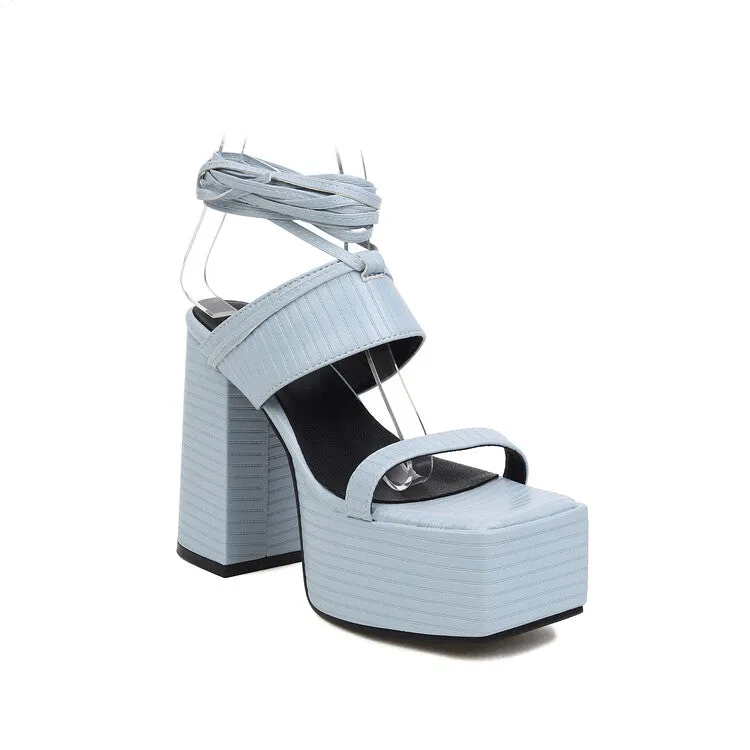 Women's Square Toe Cross Narrow Straps Ankle Strap Thick Sole Block Heel Platform Sandals