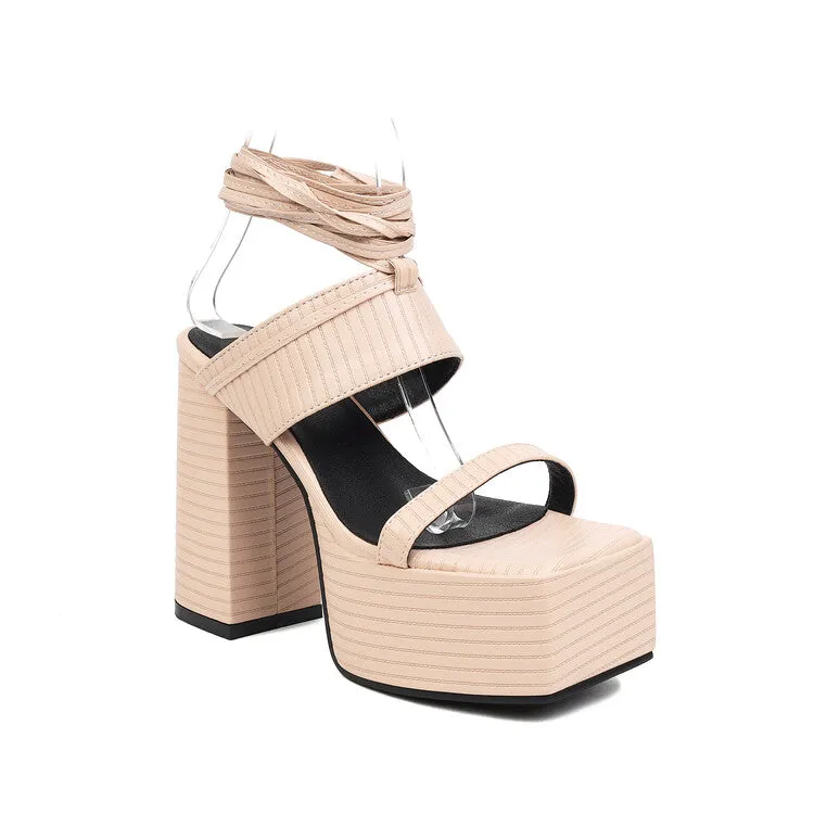 Women's Square Toe Cross Narrow Straps Ankle Strap Thick Sole Block Heel Platform Sandals