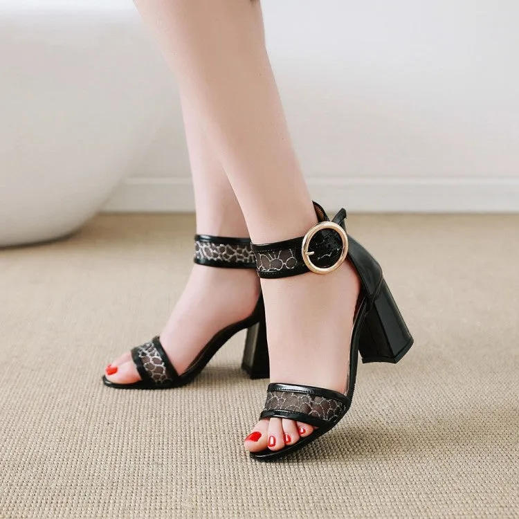 Women's's Glossy Mesh Ankle Wrap Metal Block Heels Sandals