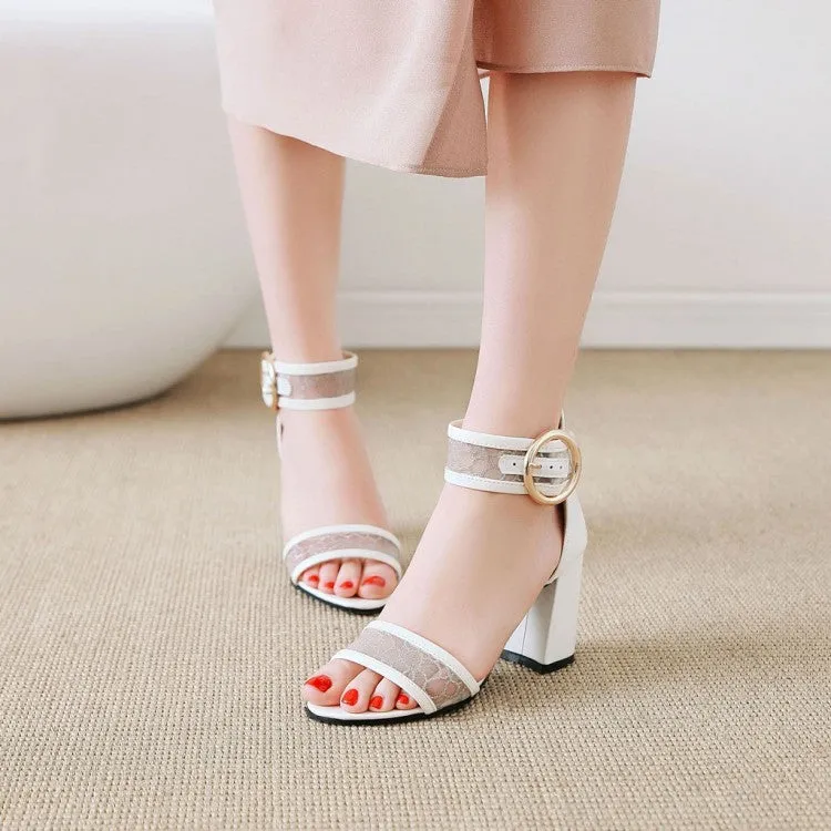 Women's's Glossy Mesh Ankle Wrap Metal Block Heels Sandals